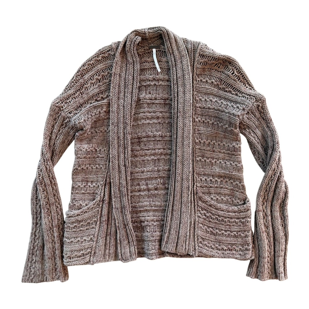Free People Womens Knit Open Front Cardigan Mauve Brown Shawl Collar Pockets